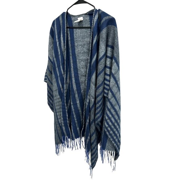 Woolrich Womens Striped Blue Gray Poncho Wrap With Fringe - Picture 3 of 8